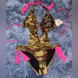 OP Camouflage One Piece Swinsuit with Pink Accents